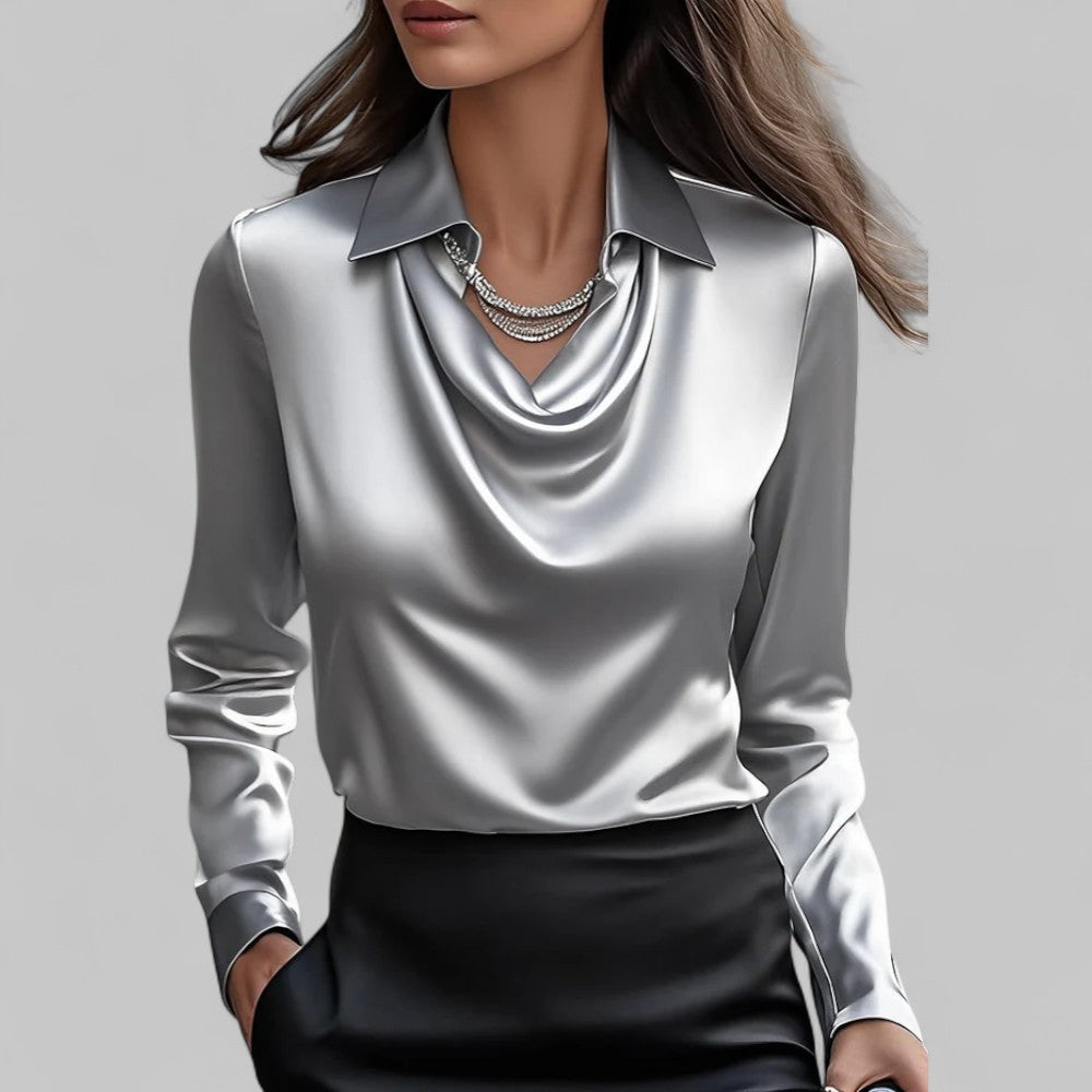 Charline | Kvinne Satin Bluse med Vannfall Utringning og Lange Ermer