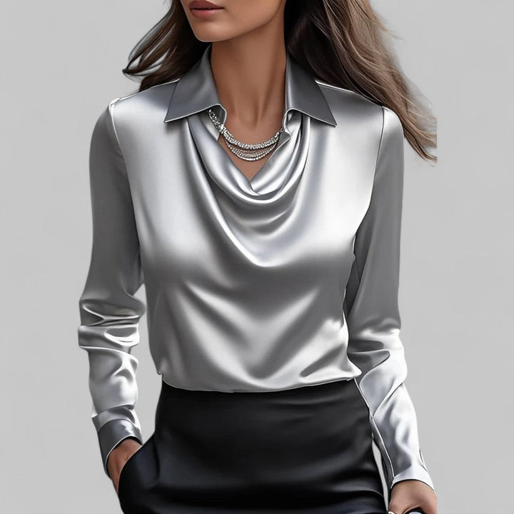 Charline | Kvinne Satin Bluse med Vannfall Utringning og Lange Ermer