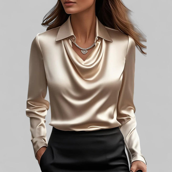 Charline | Kvinne Satin Bluse med Vannfall Utringning og Lange Ermer