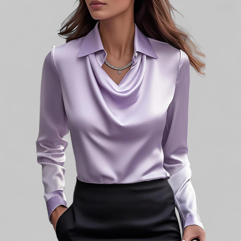 Charline | Kvinne Satin Bluse med Vannfall Utringning og Lange Ermer