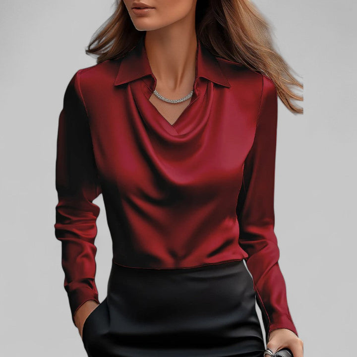 Charline | Kvinne Satin Bluse med Vannfall Utringning og Lange Ermer