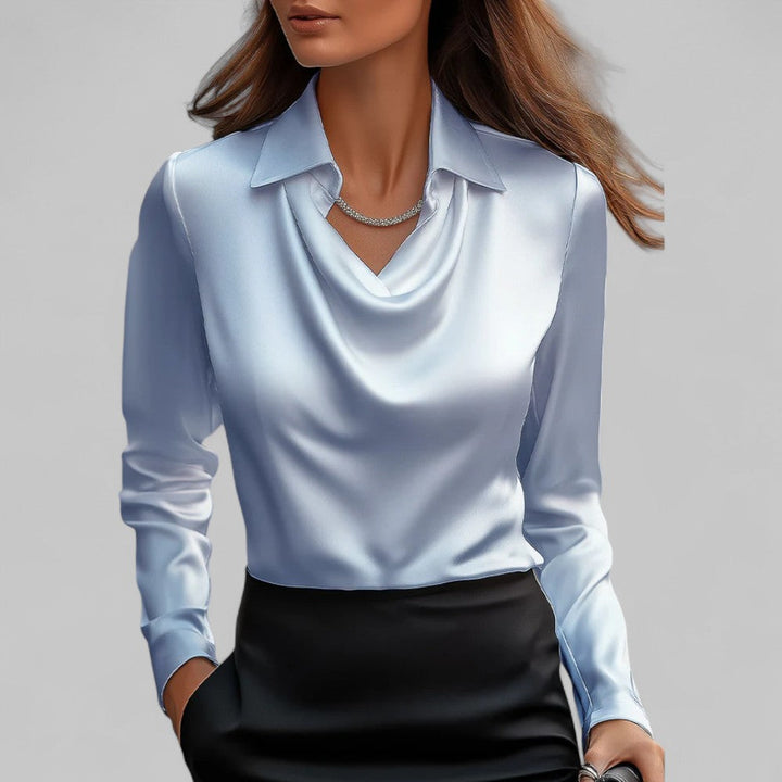 Charline | Kvinne Satin Bluse med Vannfall Utringning og Lange Ermer