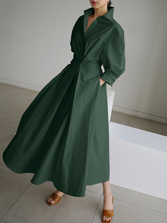 Elfriede | Elegant Dame Knappe Midje Skjorte Kjole Midi