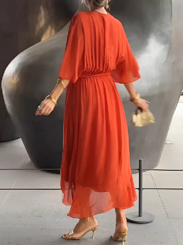 Jasmin | Midi Kjole med Midjebånd og Volangerm