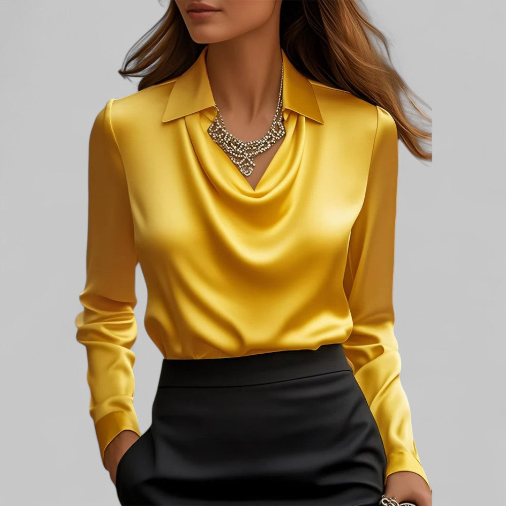 Charline | Kvinne Satin Bluse med Vannfall Utringning og Lange Ermer