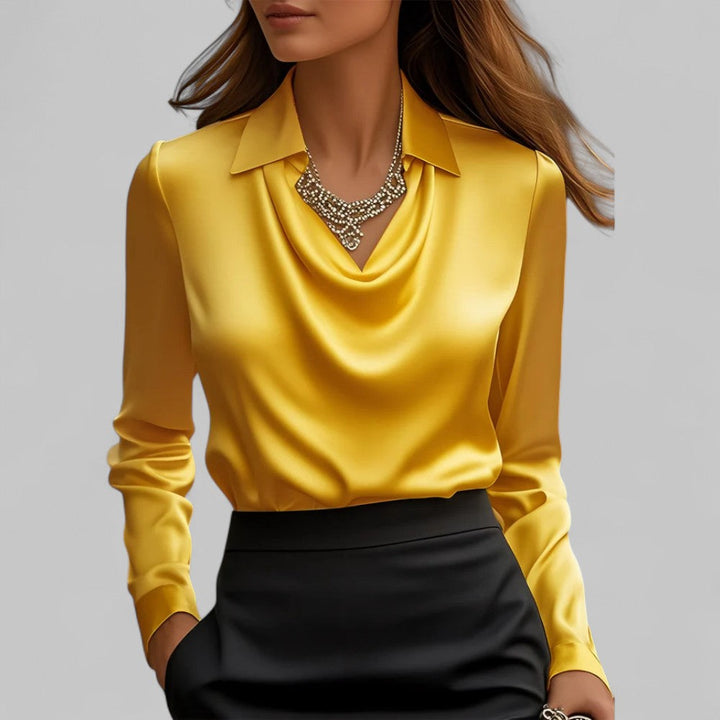 Charline | Kvinne Satin Bluse med Vannfall Utringning og Lange Ermer