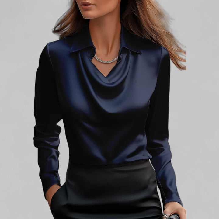 Charline | Kvinne Satin Bluse med Vannfall Utringning og Lange Ermer