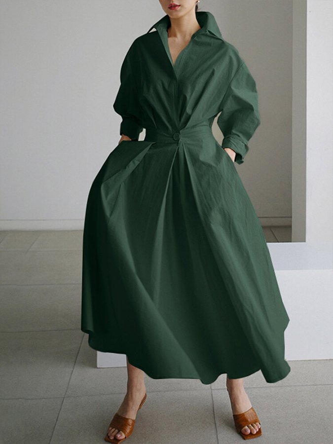 Elfriede | Elegant Dame Knappe Midje Skjorte Kjole Midi