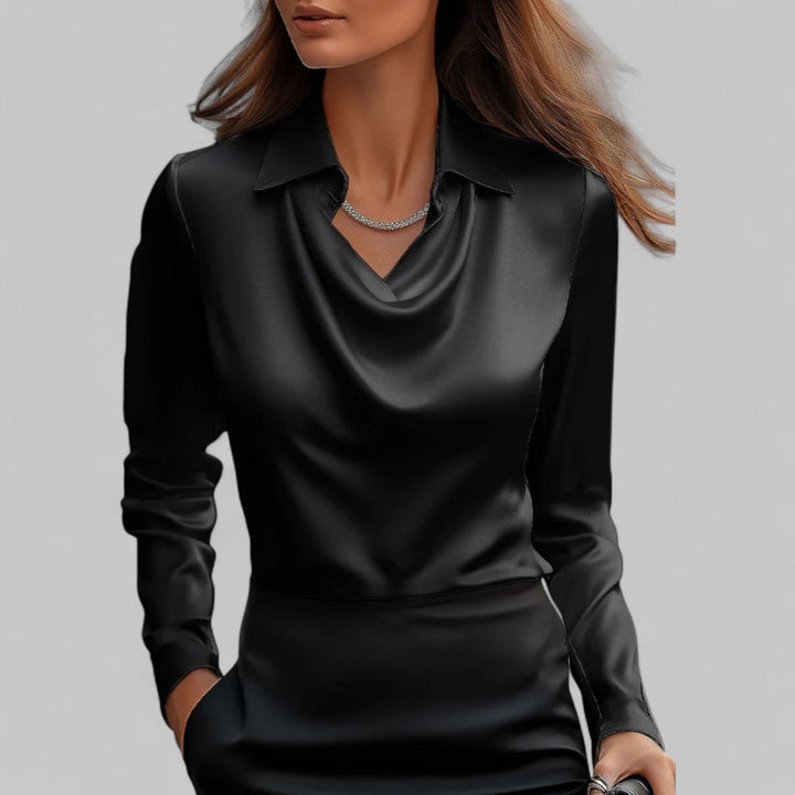 Charline | Kvinne Satin Bluse med Vannfall Utringning og Lange Ermer