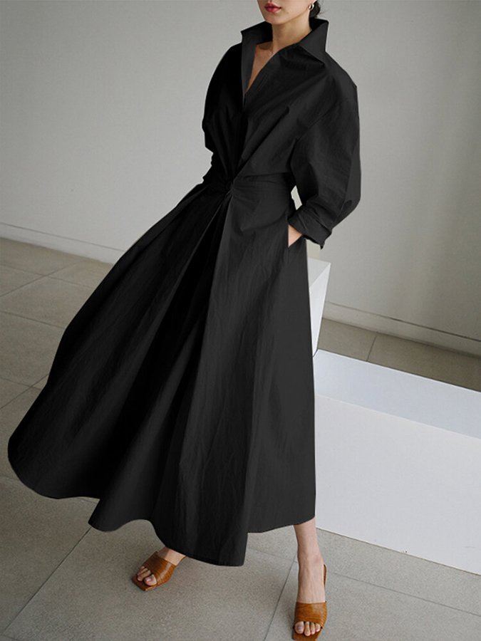 Elfriede | Elegant Dame Knappe Midje Skjorte Kjole Midi