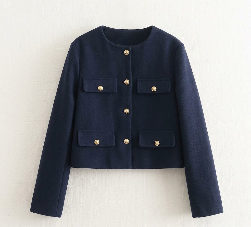 Astrid | Dame Tweed Korte Blazer Rund Hals Gullknapper