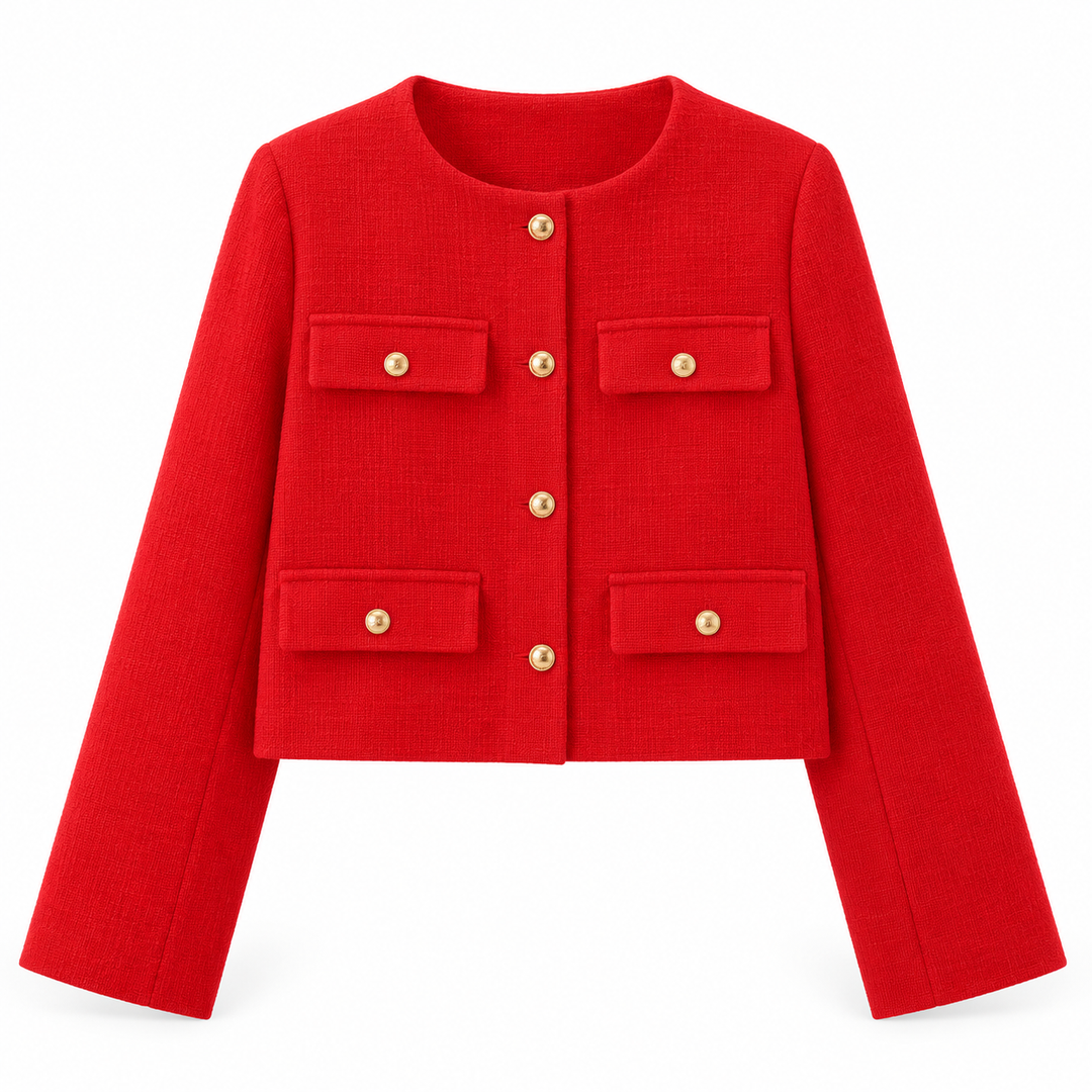 Astrid | Dame Tweed Korte Blazer Rund Hals Gullknapper