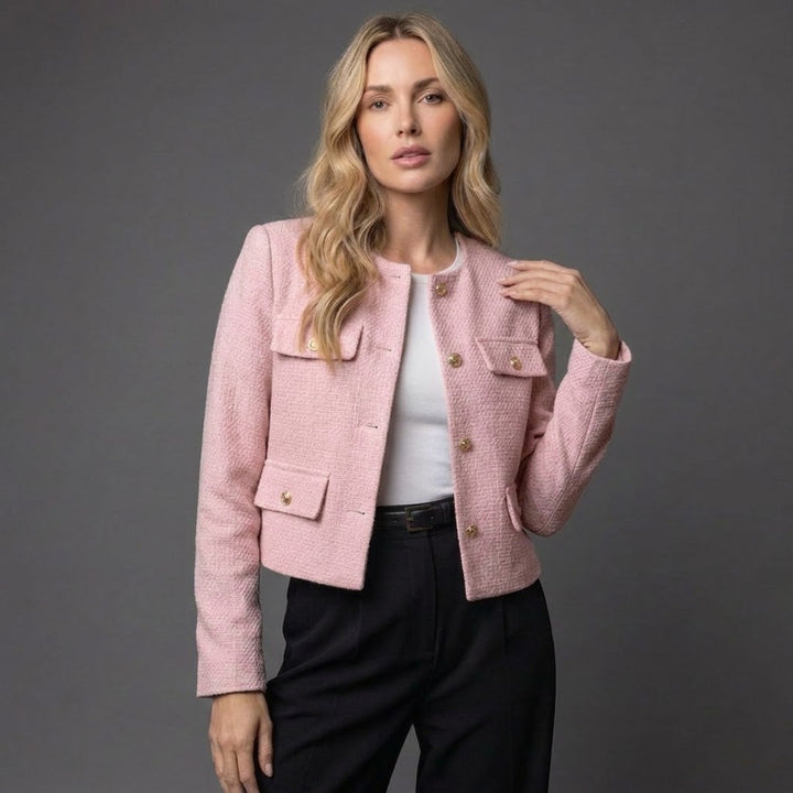 Astrid | Dame Tweed Korte Blazer Rund Hals Gullknapper
