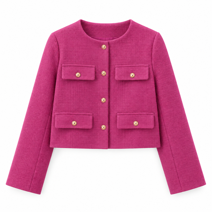 Astrid | Dame Tweed Korte Blazer Rund Hals Gullknapper