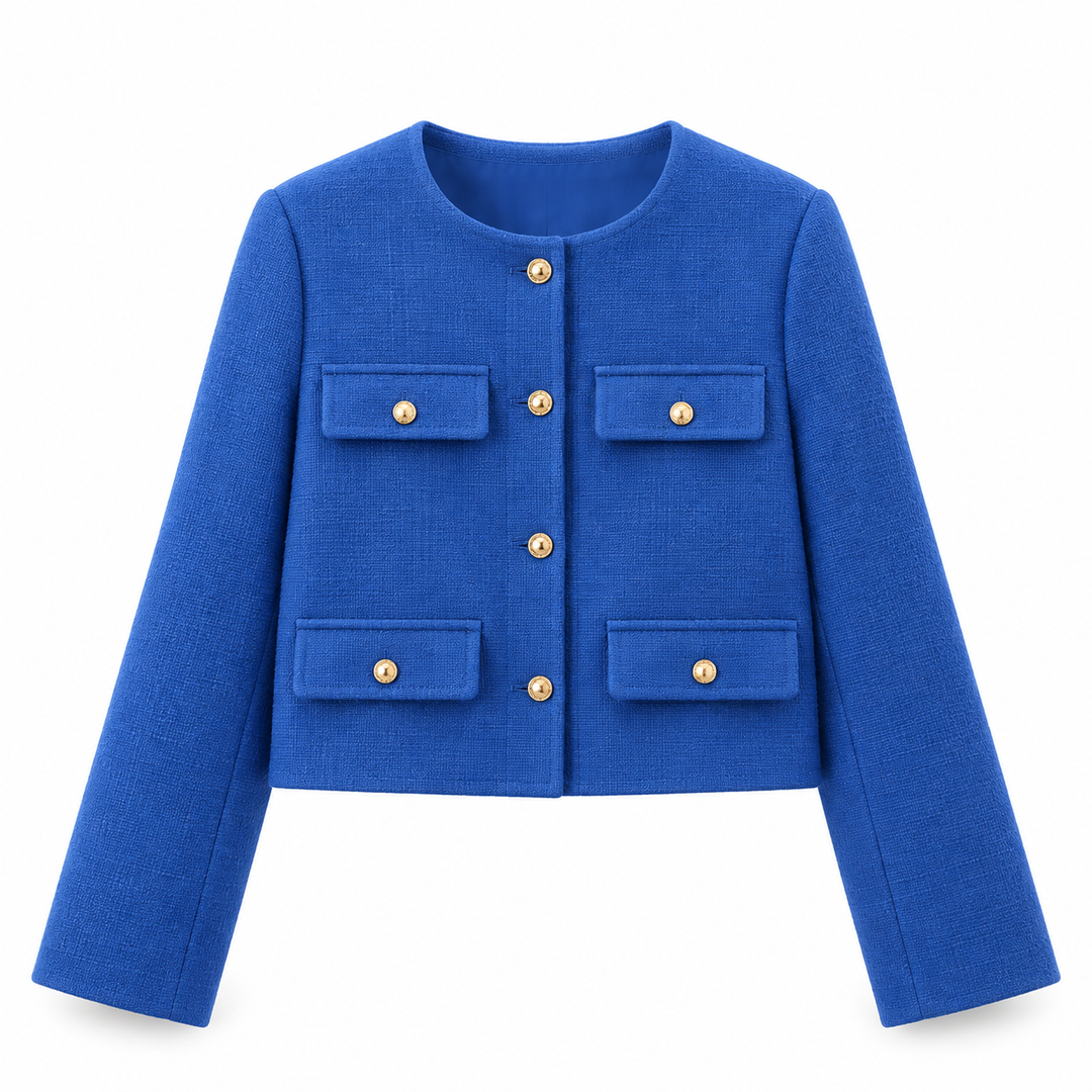 Astrid | Dame Tweed Korte Blazer Rund Hals Gullknapper