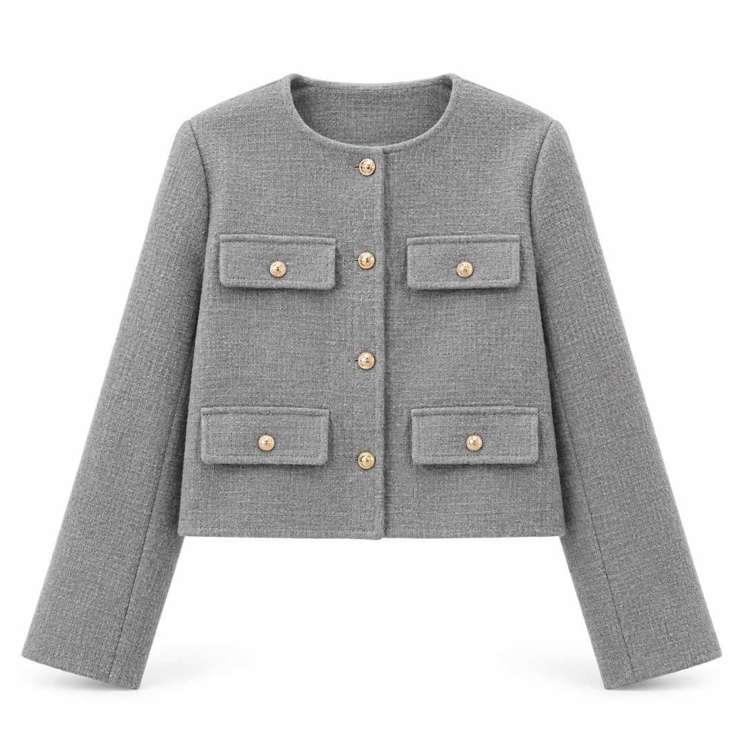 Astrid | Dame Tweed Korte Blazer Rund Hals Gullknapper