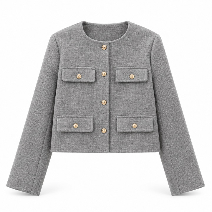 Astrid | Dame Tweed Korte Blazer Rund Hals Gullknapper