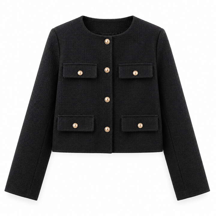 Astrid | Dame Tweed Korte Blazer Rund Hals Gullknapper