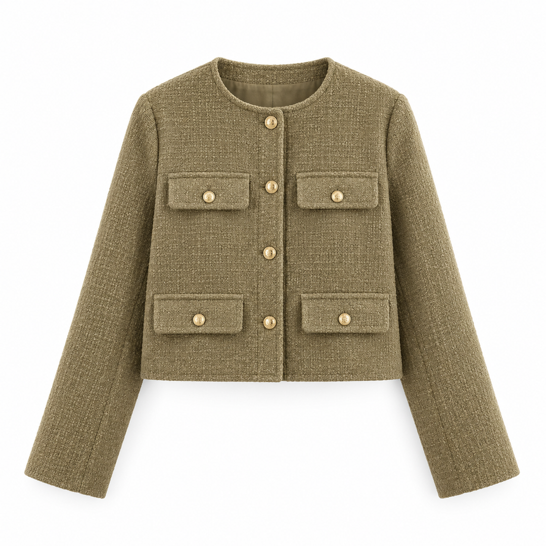 Astrid | Dame Tweed Korte Blazer Rund Hals Gullknapper