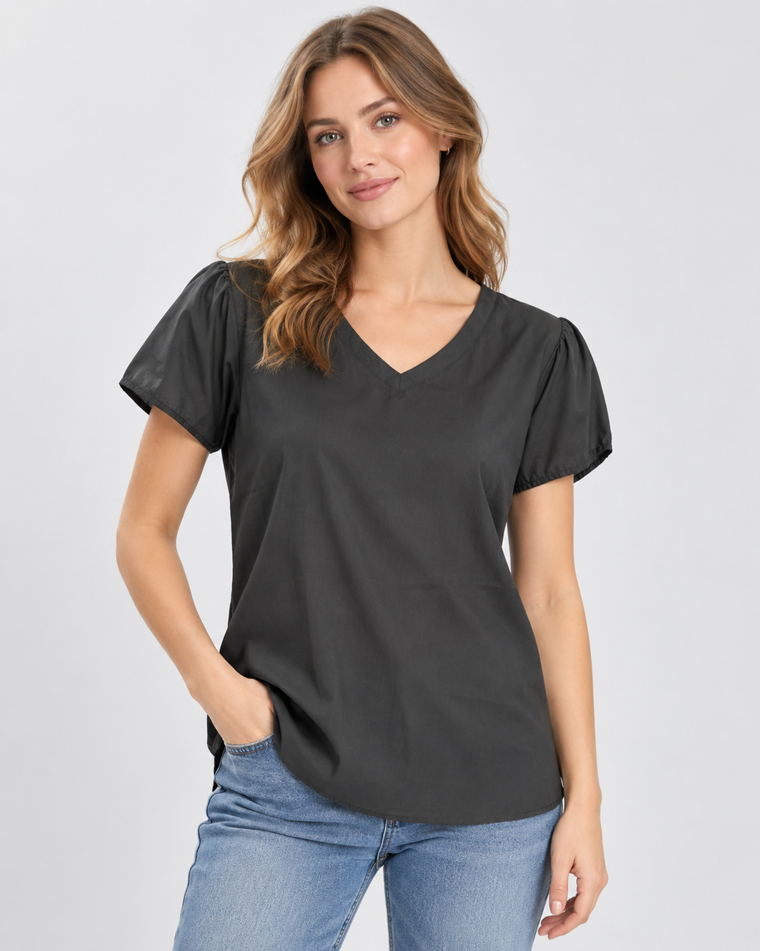 Amelia | Elegant Bluse V-hals Korte Puff-Ermer Avrundet Kant