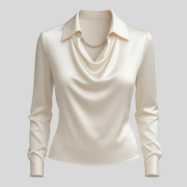 Charline | Kvinne Satin Bluse med Vannfall Utringning og Lange Ermer