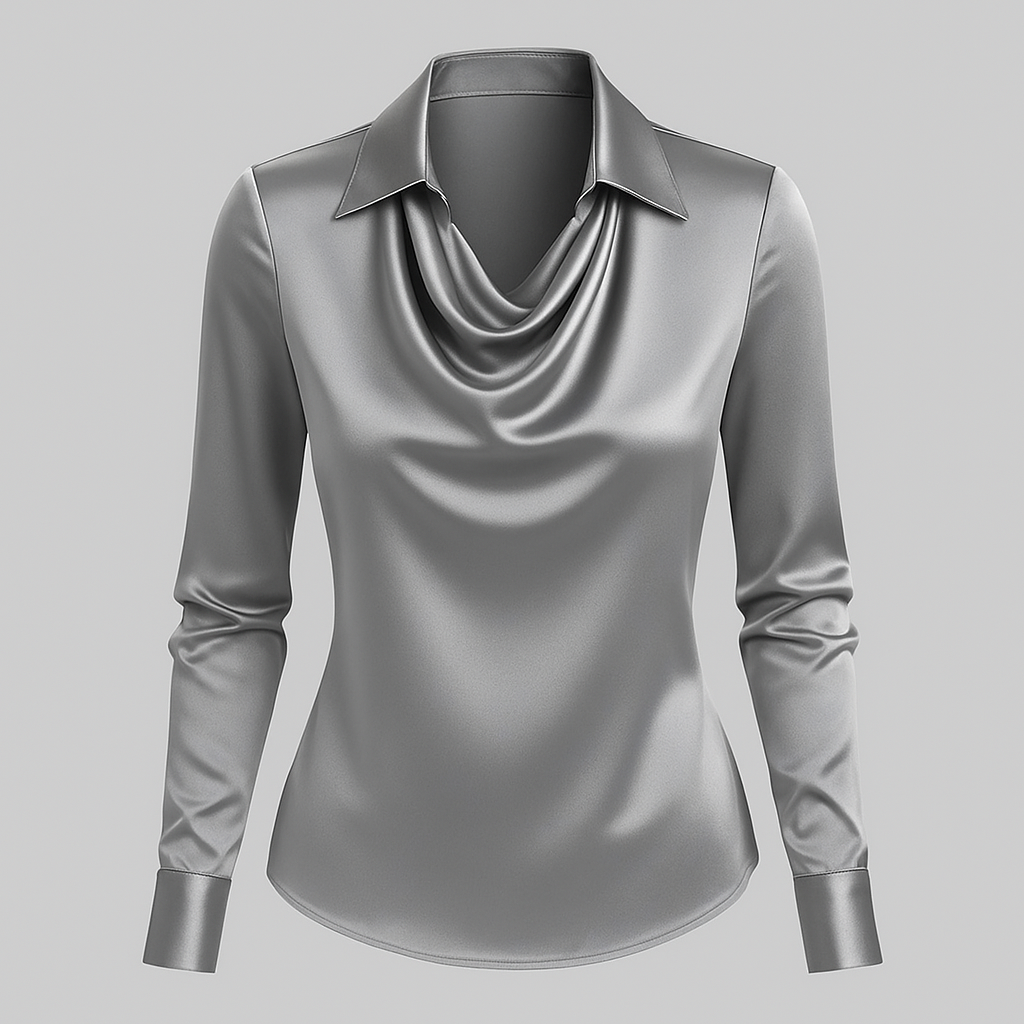 Charline | Kvinne Satin Bluse med Vannfall Utringning og Lange Ermer