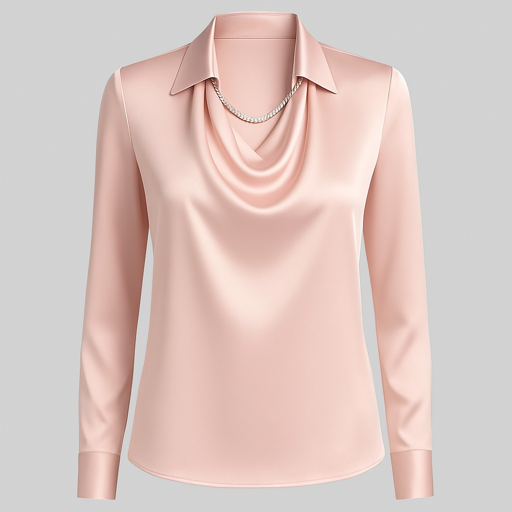 Charline | Kvinne Satin Bluse med Vannfall Utringning og Lange Ermer