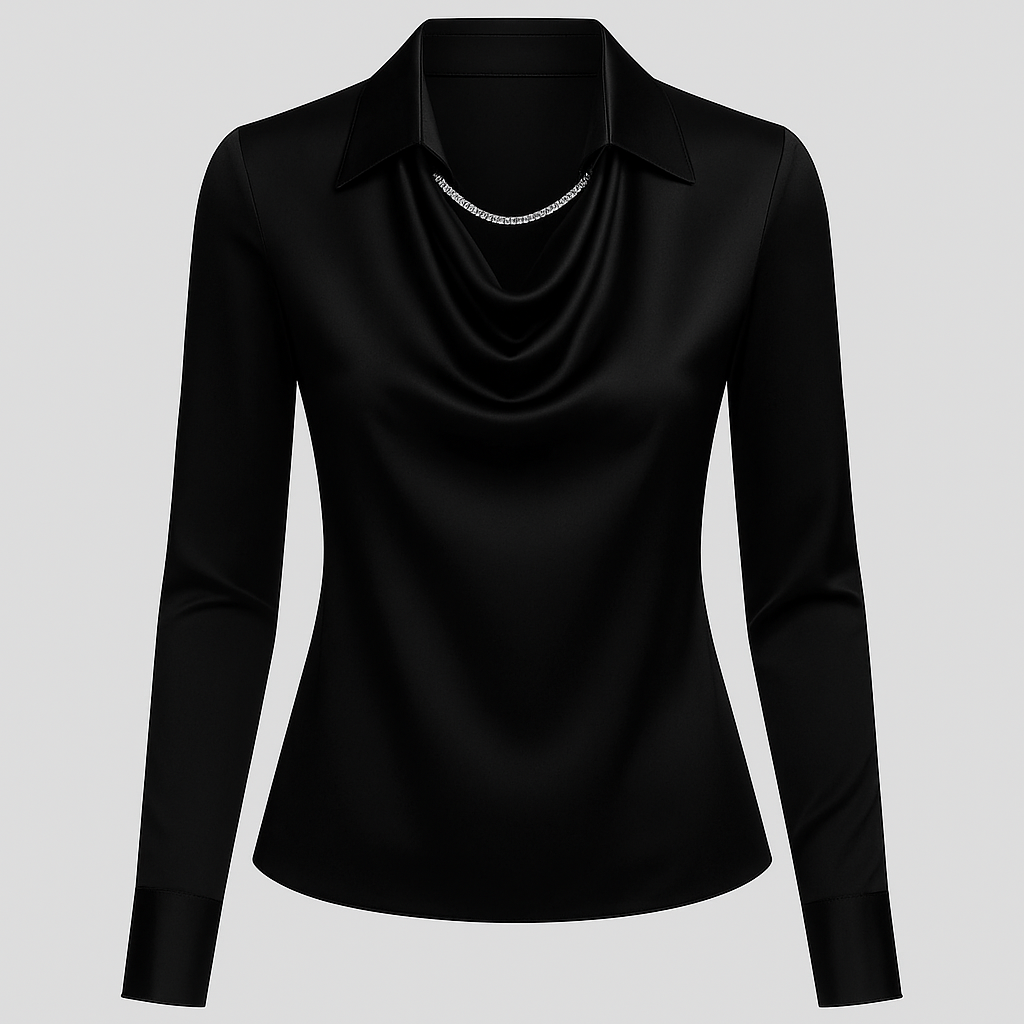 Charline | Kvinne Satin Bluse med Vannfall Utringning og Lange Ermer