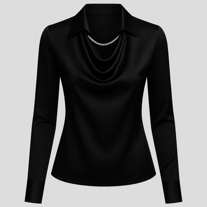 Charline | Kvinne Satin Bluse med Vannfall Utringning og Lange Ermer