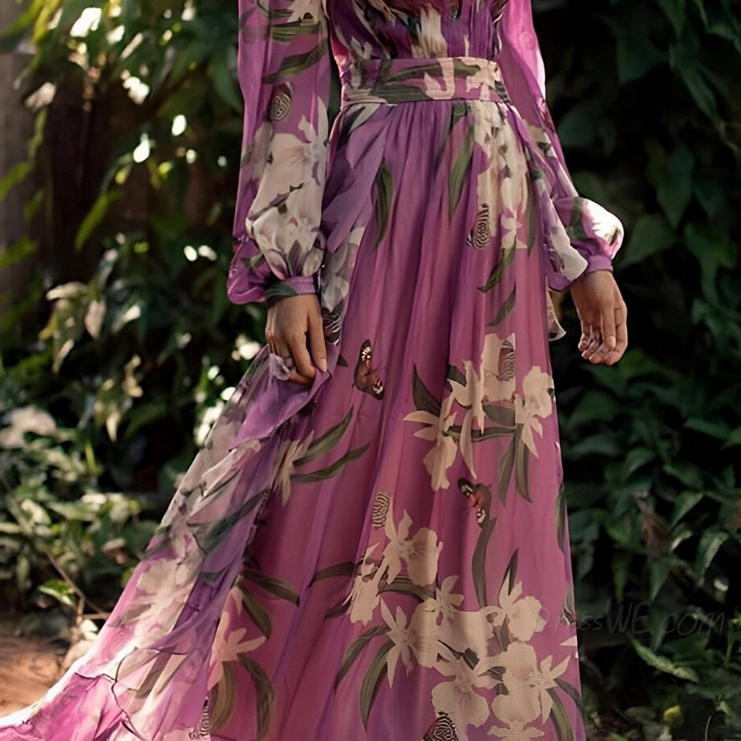 Heidi | Kvinnekomfortabel Blomster V-Hals Maxi Kjole