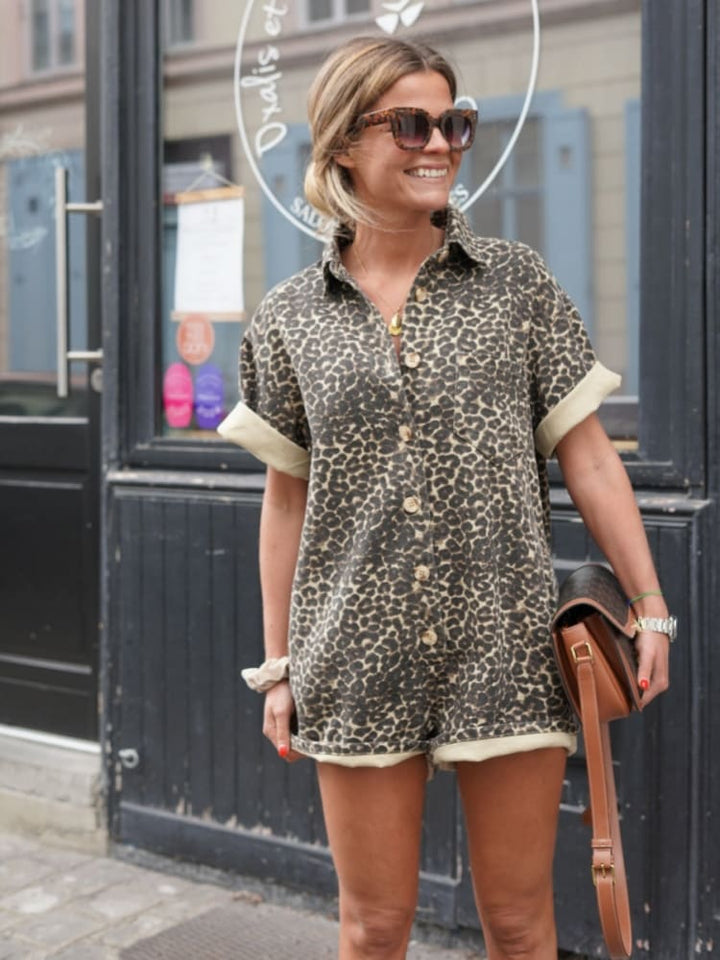 Barbara | Dame Leopardmønstret Casual Skjorte Romper