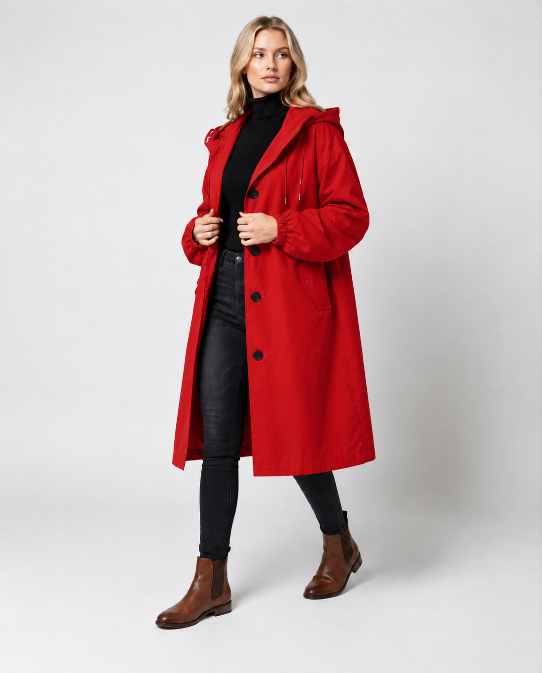 Lea | Damers Lang Vannavstøtende Hette Trench Coat Vindbeskyttende