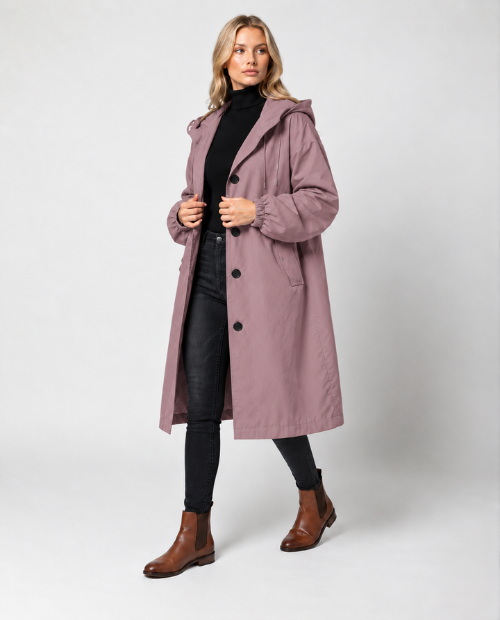 Lea | Damers Lang Vannavstøtende Hette Trench Coat Vindbeskyttende