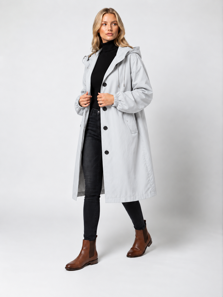 Lea | Damers Lang Vannavstøtende Hette Trench Coat Vindbeskyttende