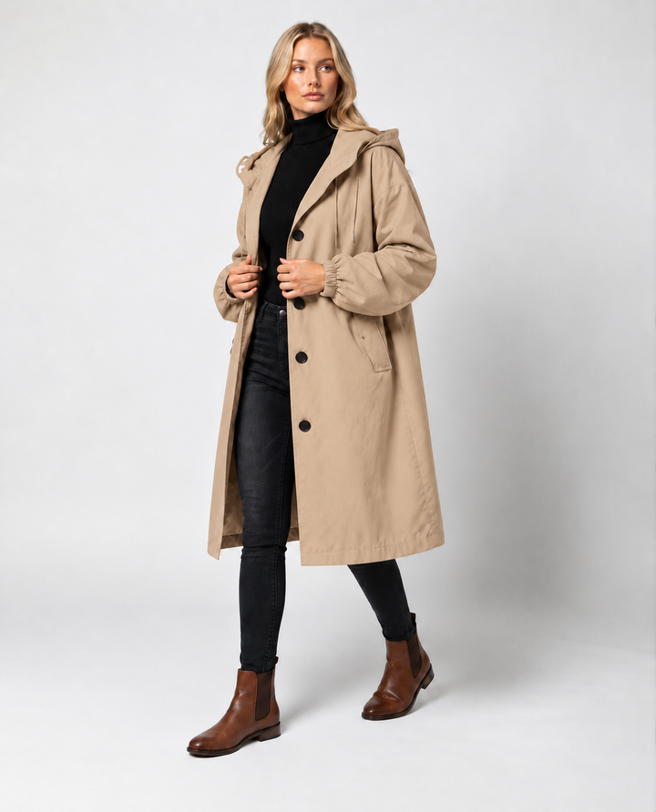 Lea | Damers Lang Vannavstøtende Hette Trench Coat Vindbeskyttende