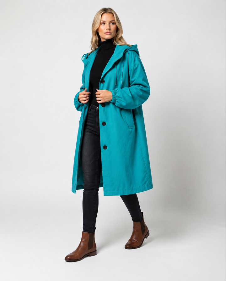 Lea | Damers Lang Vannavstøtende Hette Trench Coat Vindbeskyttende