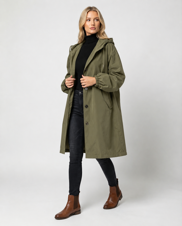 Lea | Damers Lang Vannavstøtende Hette Trench Coat Vindbeskyttende