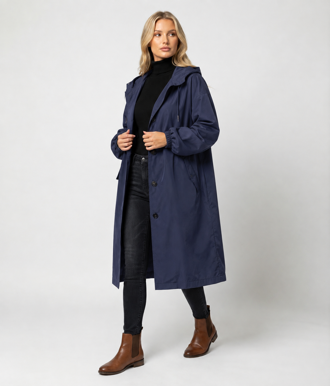 Lea | Damers Lang Vannavstøtende Hette Trench Coat Vindbeskyttende