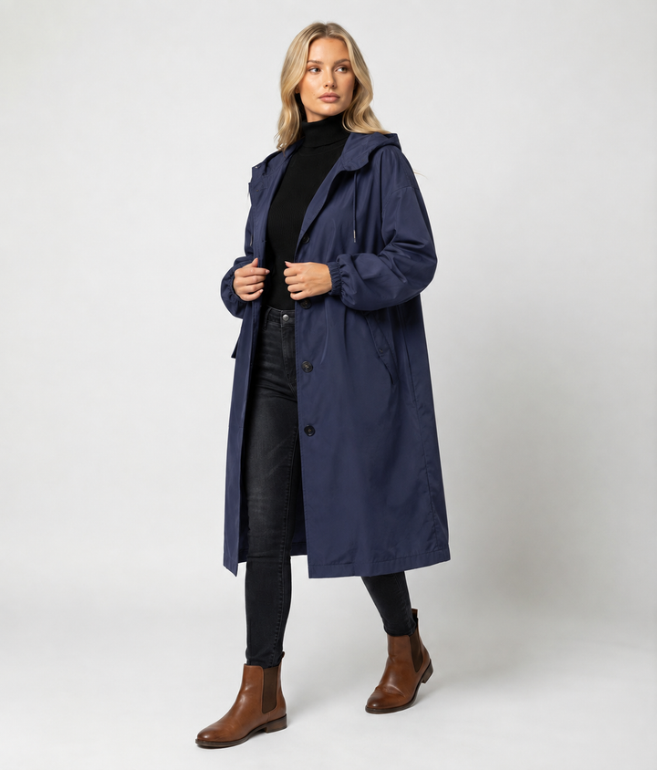 Lea | Damers Lang Vannavstøtende Hette Trench Coat Vindbeskyttende