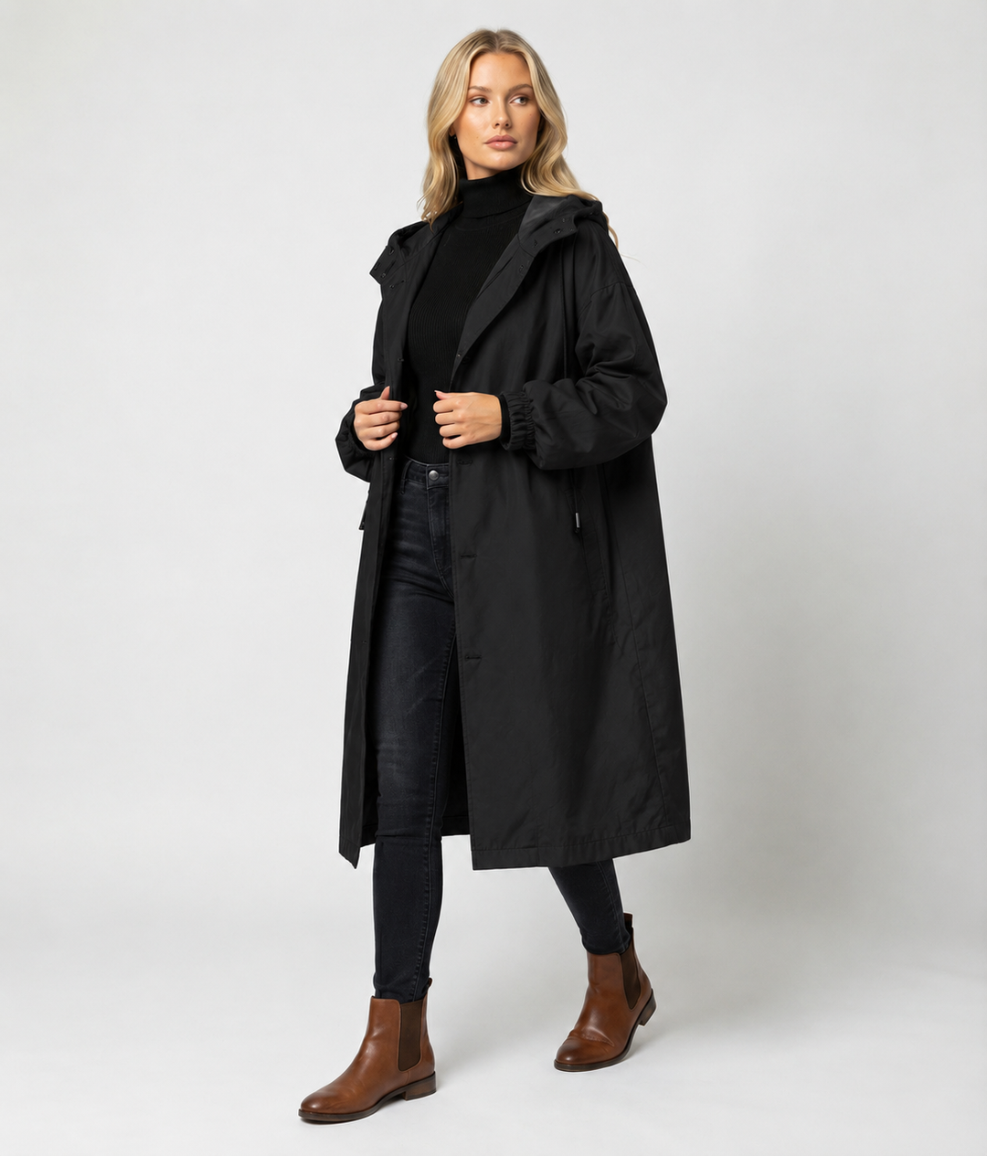 Lea | Damers Lang Vannavstøtende Hette Trench Coat Vindbeskyttende