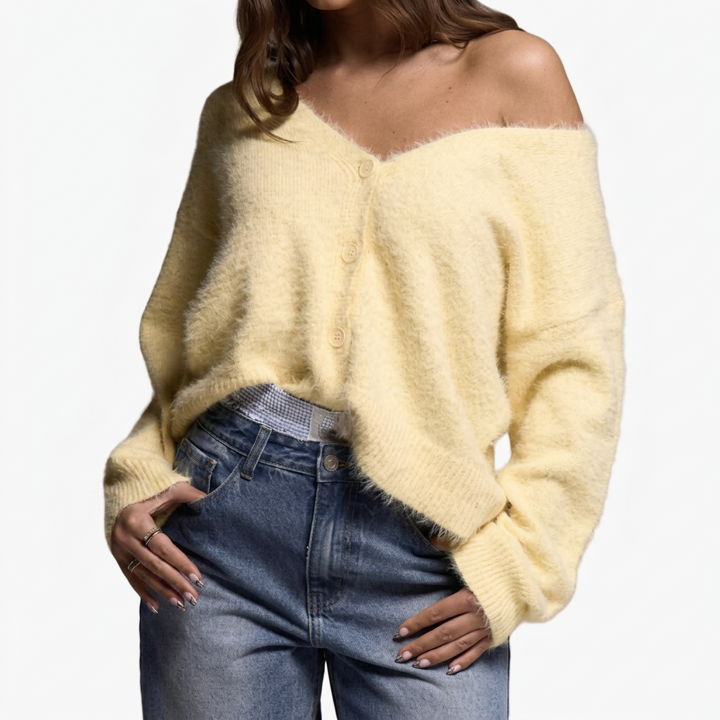 Olga | Soft Pink Fuzzy V-Neck Button-Up Cardigan
