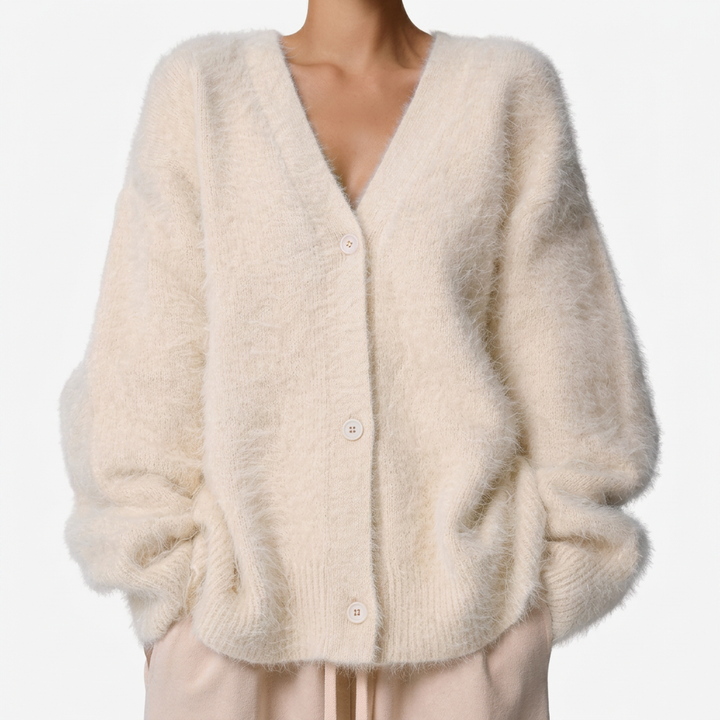 Olga | Soft Pink Fuzzy V-Neck Button-Up Cardigan