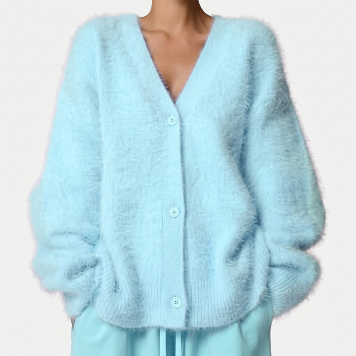 Olga | Soft Pink Fuzzy V-Neck Button-Up Cardigan