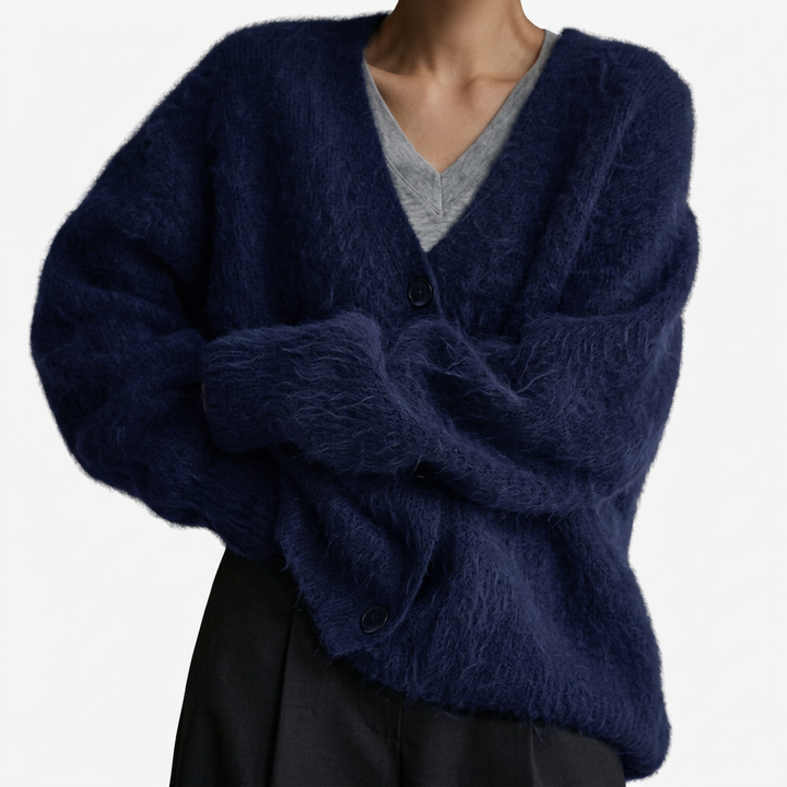 Olga | Soft Pink Fuzzy V-Neck Button-Up Cardigan