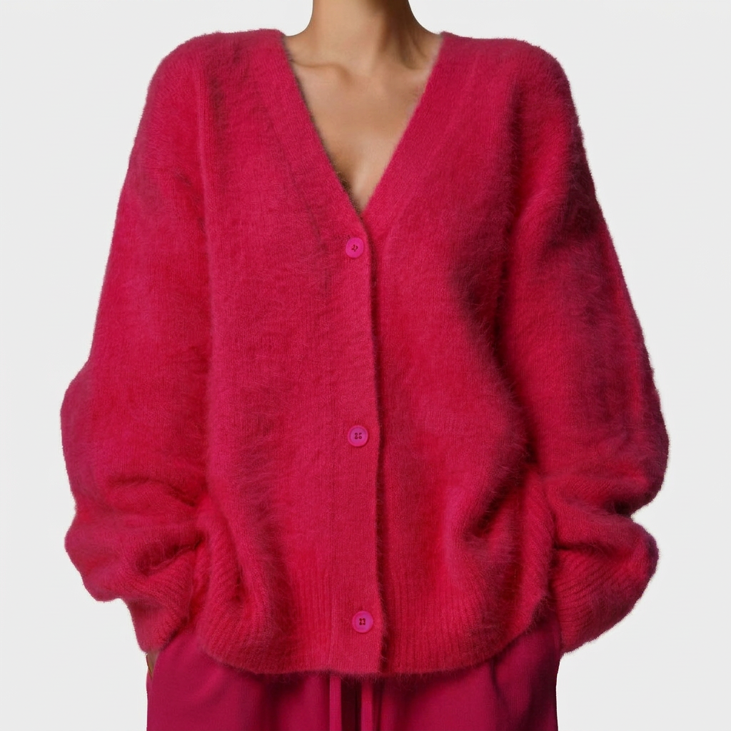 Olga | Soft Pink Fuzzy V-Neck Button-Up Cardigan