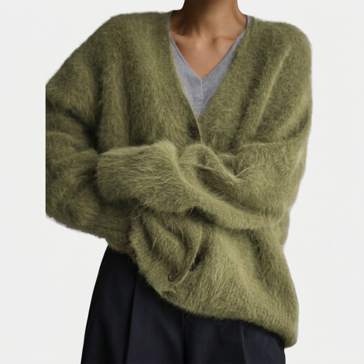 Olga | Soft Pink Fuzzy V-Neck Button-Up Cardigan