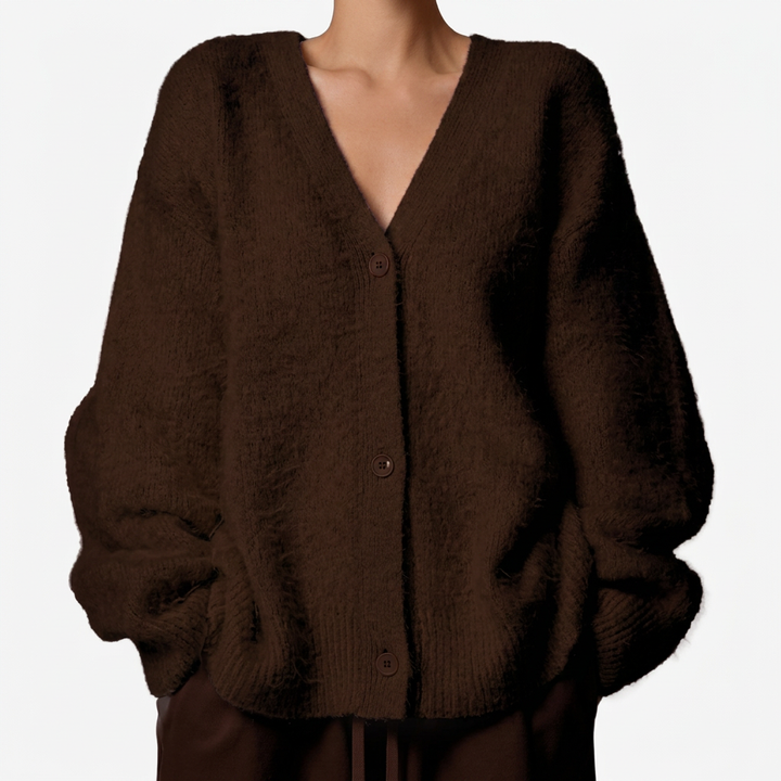 Olga | Soft Pink Fuzzy V-Neck Button-Up Cardigan