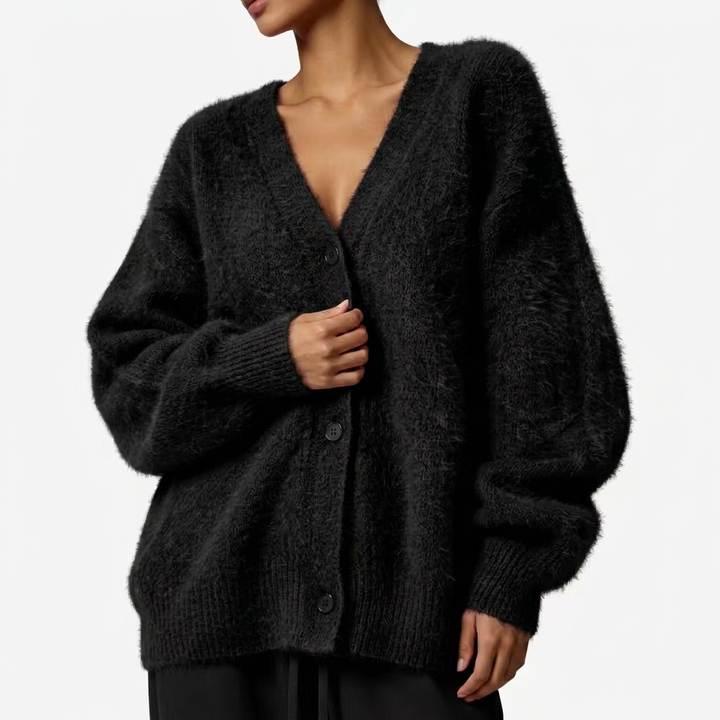 Olga | Soft Pink Fuzzy V-Neck Button-Up Cardigan