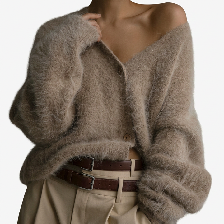Olga | Soft Pink Fuzzy V-Neck Button-Up Cardigan
