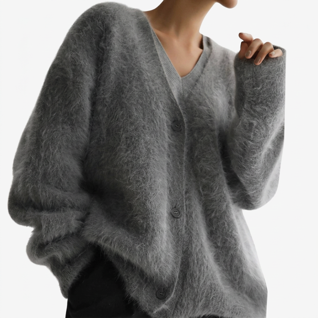 Olga | Soft Pink Fuzzy V-Neck Button-Up Cardigan
